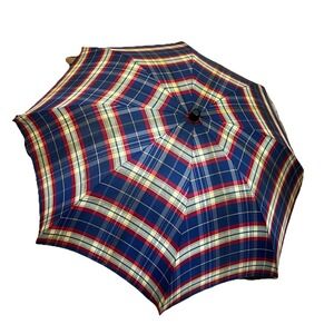 Vintage 1950s/60s Collapsible Nylon Plaid Umbrella With Blue Sea Horsr Handle